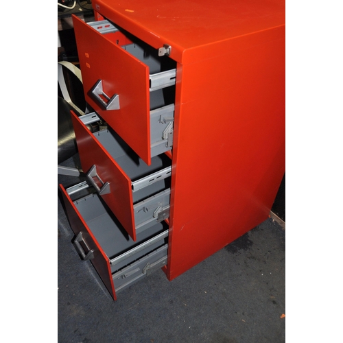 1081 - A MODERN METAL THREE DRAWER FILING CABINET red in colour with one key width 47cm depth 62cm height 1... 