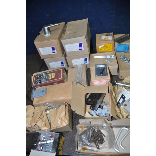 1104 - TWO PLASTIC BOXES CONTAINING VINTAGE DOOR FURNITURE including two partial boxes of Central Mortice l... 