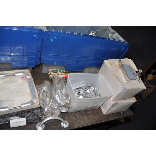 1104 - TWO PLASTIC BOXES CONTAINING VINTAGE DOOR FURNITURE including two partial boxes of Central Mortice l... 