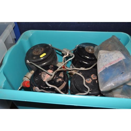 1105 - THREE BOXES OF PARAFFIN AND GAS LIGHTS including ten Bullfinch Hand lights (four complete and six wi... 