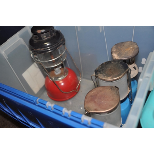 1105 - THREE BOXES OF PARAFFIN AND GAS LIGHTS including ten Bullfinch Hand lights (four complete and six wi... 