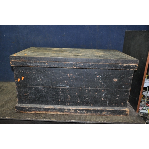 1109 - A LARGE VINTAGE CARPENTERS TOOLBOX CONTAINING CARPENTRY TOOLS with as steel banded lid  two inner li... 