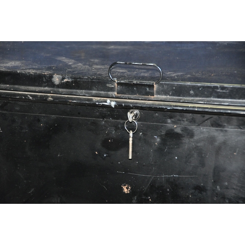 1114 - A LARGE METAL DEED BOX WITH TWO KEYS width 91cm depth 55cm height 47cm along with plastic toolboxes ... 