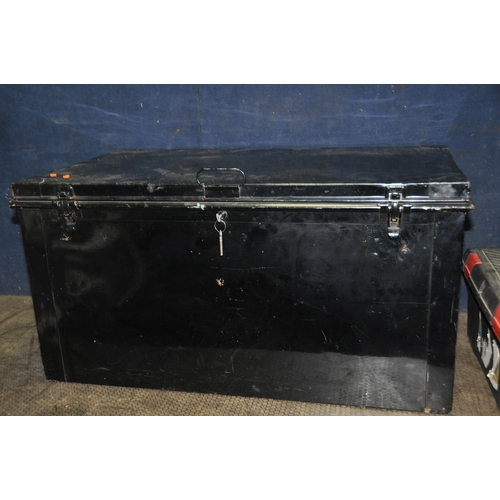 1114 - A LARGE METAL DEED BOX WITH TWO KEYS width 91cm depth 55cm height 47cm along with plastic toolboxes ... 