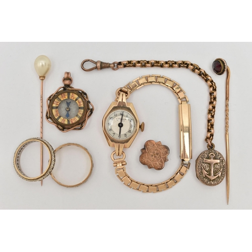 11 - A SELECTION OF VINTAGE JEWELLERY, to include two stickpins, one stamped 9ct, a compass pendant, a sm... 