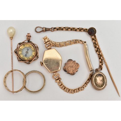 11 - A SELECTION OF VINTAGE JEWELLERY, to include two stickpins, one stamped 9ct, a compass pendant, a sm... 