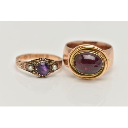 13 - TWO GEM SET RINGS, the first a 15ct gold amethyst and seed pearl ring with scrolling detail, hallmar... 