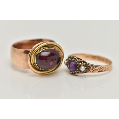 13 - TWO GEM SET RINGS, the first a 15ct gold amethyst and seed pearl ring with scrolling detail, hallmar... 