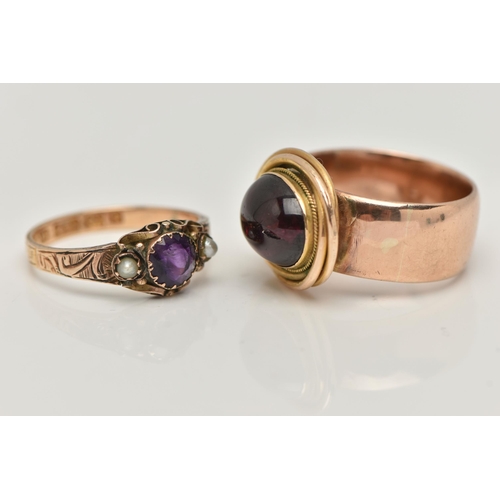 13 - TWO GEM SET RINGS, the first a 15ct gold amethyst and seed pearl ring with scrolling detail, hallmar... 