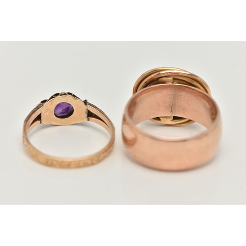 13 - TWO GEM SET RINGS, the first a 15ct gold amethyst and seed pearl ring with scrolling detail, hallmar... 