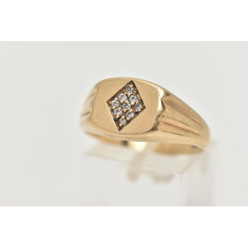 15 - A 9CT GOLD DIAMOND SIGNET RING, nine round brilliant cut diamonds pave set in a rectangular form sig... 