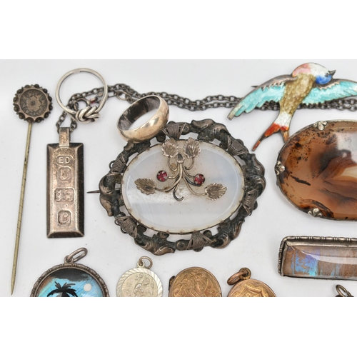 19 - AN ASSORTMENT OF SILVER AND WHITE METAL JEWELLERY, to include a late 19th century white metal and ag... 