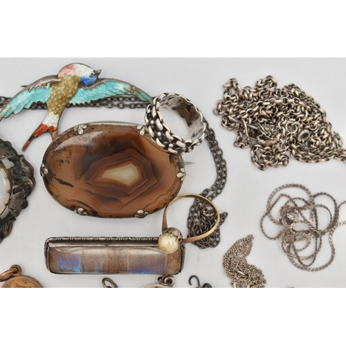 19 - AN ASSORTMENT OF SILVER AND WHITE METAL JEWELLERY, to include a late 19th century white metal and ag... 