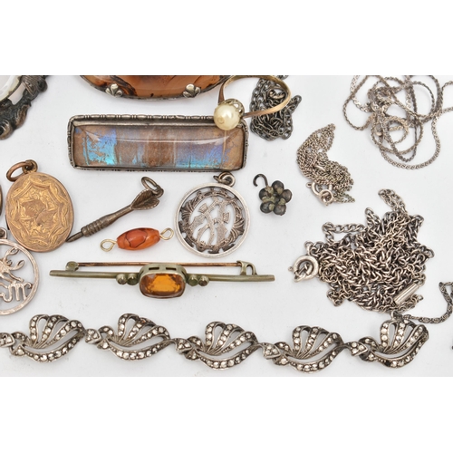 19 - AN ASSORTMENT OF SILVER AND WHITE METAL JEWELLERY, to include a late 19th century white metal and ag... 