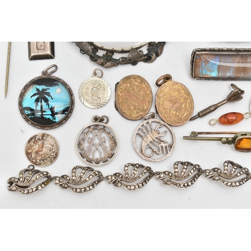 19 - AN ASSORTMENT OF SILVER AND WHITE METAL JEWELLERY, to include a late 19th century white metal and ag... 