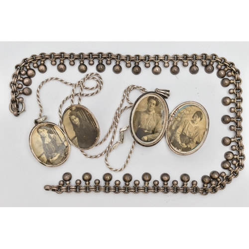 2 - TWO LATE VICTORIAN SILVER LOCKETS AND CHAIN, both lockets of oval design, the first engraved with a ... 