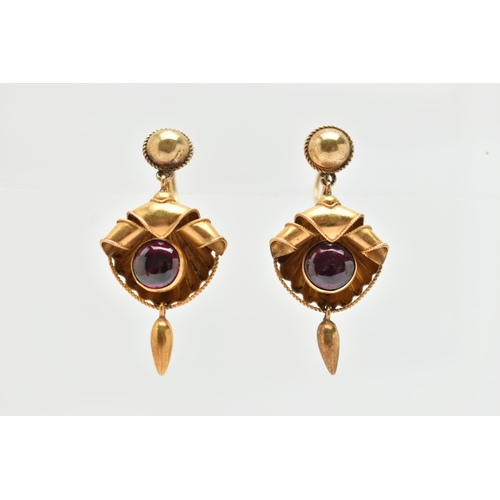 25 - A PAIR OF VICTORIAN GARNET DROP EARRINGS, shell shape drops with a central collet set garnet cabocho... 