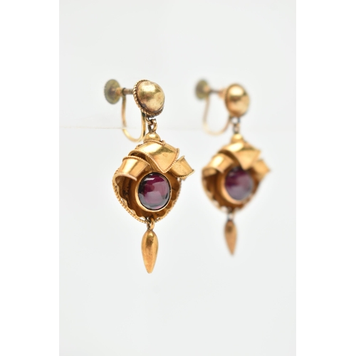 25 - A PAIR OF VICTORIAN GARNET DROP EARRINGS, shell shape drops with a central collet set garnet cabocho... 