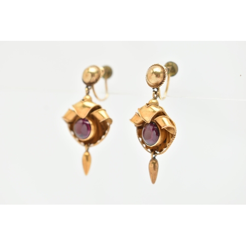 25 - A PAIR OF VICTORIAN GARNET DROP EARRINGS, shell shape drops with a central collet set garnet cabocho... 