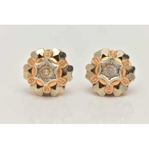 26 - A PAIR OF BI-COLOUR SPINEL EARRINGS, each earring of a circular open work dome, set with a central c... 