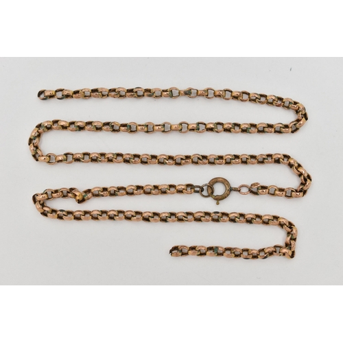 27 - A YELLOW METAL BELCHER CHAIN, AF chain, fitted 9ct tag, fitted with a base metal spring clasp, appro... 