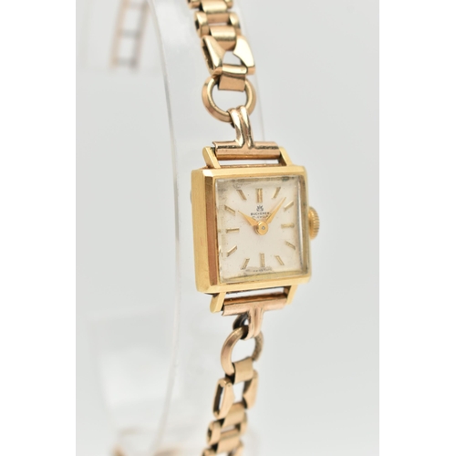 29 - A LADYS YELLOW METAL 'BUCHERER' WRISTWATCH, manual wind, square silver dial signed 'Bucherer 17 jewe... 