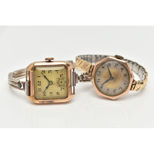 32 - TWO EARLY 20TH CENTURY, 9CT GOLD WATCHES, the first a manual wind watch, square silver dial, Arabic ... 