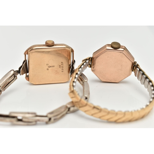 32 - TWO EARLY 20TH CENTURY, 9CT GOLD WATCHES, the first a manual wind watch, square silver dial, Arabic ... 