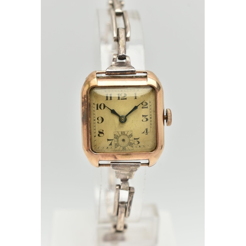 32 - TWO EARLY 20TH CENTURY, 9CT GOLD WATCHES, the first a manual wind watch, square silver dial, Arabic ... 