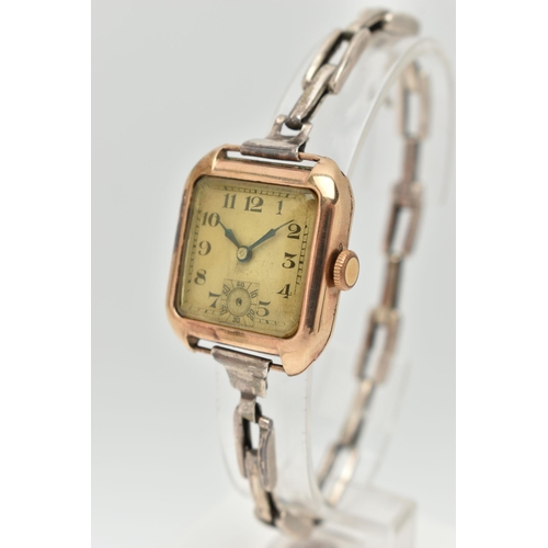 32 - TWO EARLY 20TH CENTURY, 9CT GOLD WATCHES, the first a manual wind watch, square silver dial, Arabic ... 