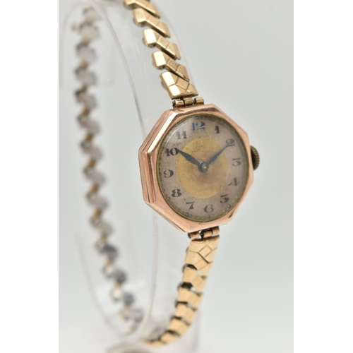 32 - TWO EARLY 20TH CENTURY, 9CT GOLD WATCHES, the first a manual wind watch, square silver dial, Arabic ... 