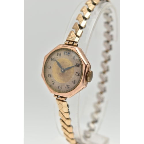 32 - TWO EARLY 20TH CENTURY, 9CT GOLD WATCHES, the first a manual wind watch, square silver dial, Arabic ... 