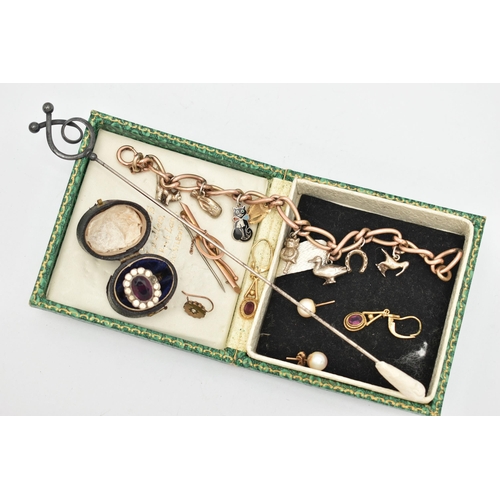 35 - ASSORTED JEWELLERY, to include a gold plated bracelet, fitted with various charms to include a 9ct g... 