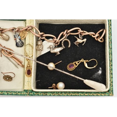 35 - ASSORTED JEWELLERY, to include a gold plated bracelet, fitted with various charms to include a 9ct g... 