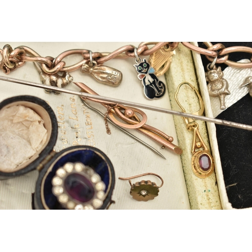 35 - ASSORTED JEWELLERY, to include a gold plated bracelet, fitted with various charms to include a 9ct g... 