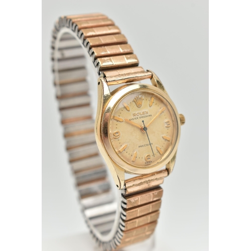 36 - A BOXED GOLD PLATED 'ROLEX' WRISTWATCH, manual wind, round discoloured dial signed 'Rolex Oyster Spe... 