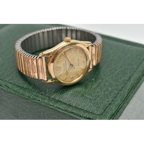 36 - A BOXED GOLD PLATED 'ROLEX' WRISTWATCH, manual wind, round discoloured dial signed 'Rolex Oyster Spe... 