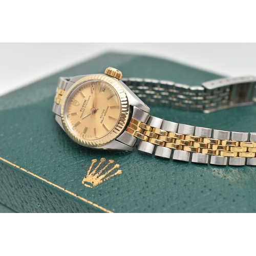 38 - A LADYS 'TUDOR' WRISTWATCH, round gold dial signed 'Tudor Princess Oyster date, Rotor Self Winding',... 