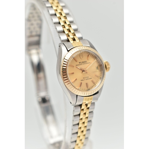 38 - A LADYS 'TUDOR' WRISTWATCH, round gold dial signed 'Tudor Princess Oyster date, Rotor Self Winding',... 