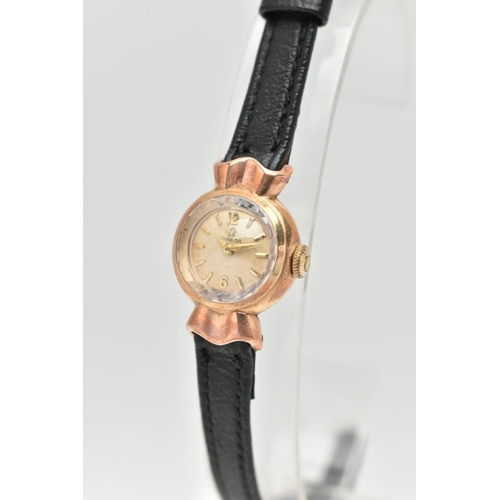 39 - A LADYS 9CT GOLD, 'OMEGA' CANDY WRISTWATCH, manual wind, round champagne dial signed 'Omega', Arabic... 