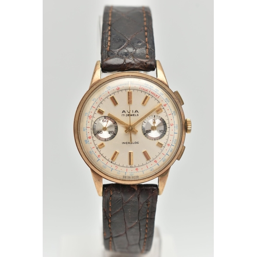 42 - AN AVIA CHRONOGRAPH WRISTWATCH WITH 9CT HEAD, the circular face with gilt baton markers, seconds tra... 