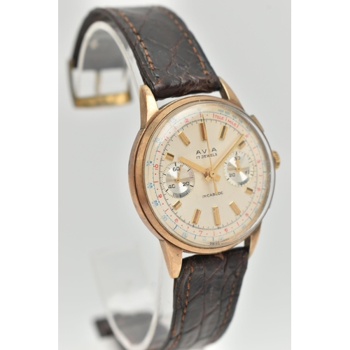 42 - AN AVIA CHRONOGRAPH WRISTWATCH WITH 9CT HEAD, the circular face with gilt baton markers, seconds tra... 