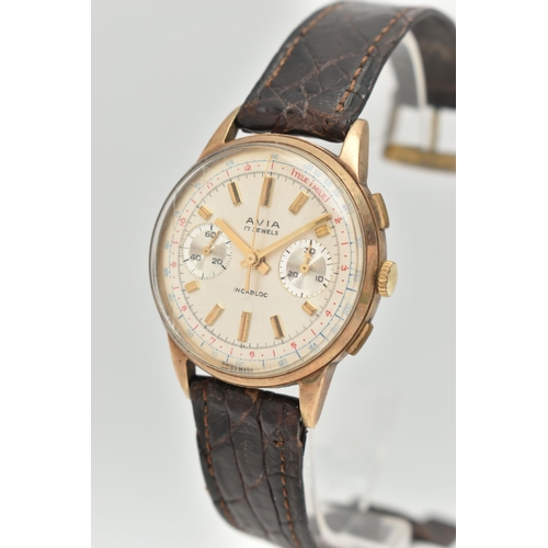 42 - AN AVIA CHRONOGRAPH WRISTWATCH WITH 9CT HEAD, the circular face with gilt baton markers, seconds tra... 