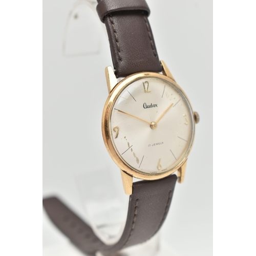 43 - A GENTS 9CT GOLD 'AVIA' WRISTWATCH, manual wind, round silver dial signed 'Audax, 17 jewels', Arabic... 