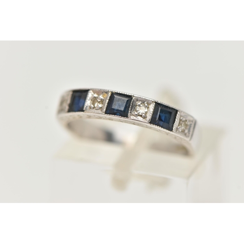 46 - A 18CT GOLD SAPPHIRE AND DIAMOND RING, three square cut blue sapphires interspaced between four sing... 