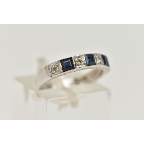 46 - A 18CT GOLD SAPPHIRE AND DIAMOND RING, three square cut blue sapphires interspaced between four sing... 