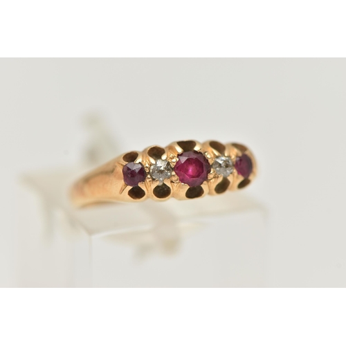 47 - AN EARLY 20TH CENTURY DIAMOND AND RUBY RING, three circular cut rubies, prong set with two old cut d... 