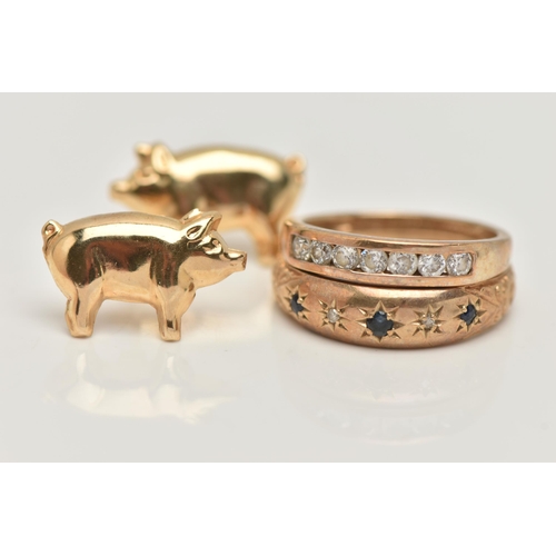 48 - TWO 9CT GOLD RINGS AND A PAIR OF YELLOW METAL EARRINGS, the first a yellow gold and cubic zirconia c... 