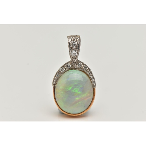 49 - AN OPAL AND DIAMOND PENDANT, a large oval cabochon opal, collet set in yellow metal, leading on to a... 