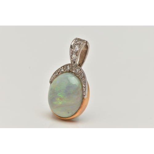 49 - AN OPAL AND DIAMOND PENDANT, a large oval cabochon opal, collet set in yellow metal, leading on to a... 